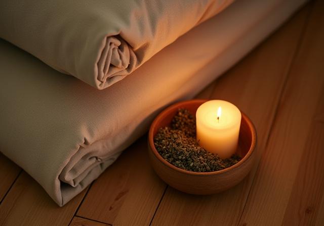 Soft candlelight and yoga blocks
